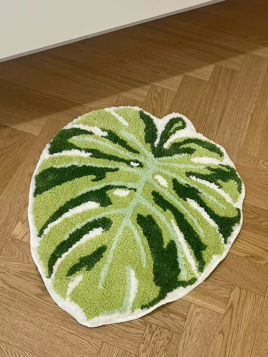 Green Leaf Monstera Tufted Rug Palm Shaped Bathroom anti Slip Pad Home Decor Mat Rugs for Bedroom Door Mat Entrance Bathroom Rug