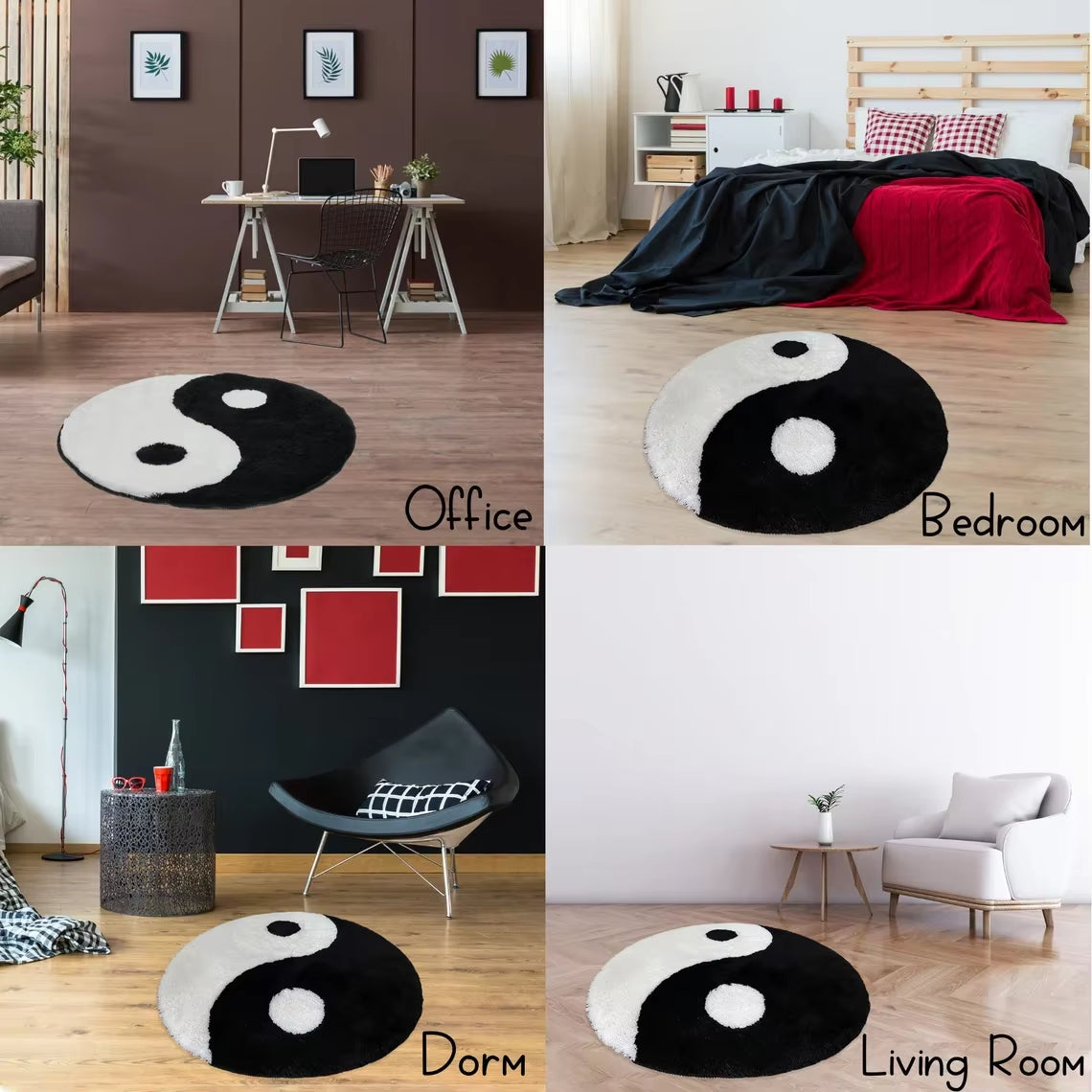 Yin and Yang Symbol Fluffy Circle Soft Rug Black and White Circle Digital Carpet for Bedroom with Chinese Characteristic
