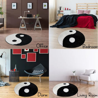 Yin and Yang Symbol Fluffy Circle Soft Rug Black and White Circle Digital Carpet for Bedroom with Chinese Characteristic
