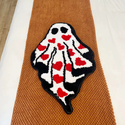 Handmade Tufted Heart Ghost Rug Cute Ghost Rug Halloween Cloakroom Hanging Rug Black White Soft Fluffy Carpets Non-Slip Bathmat