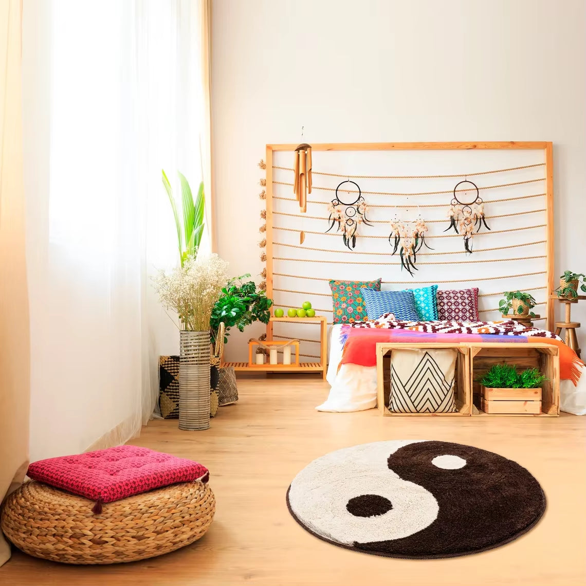 Yin and Yang Symbol Fluffy Circle Soft Rug Black and White Circle Digital Carpet for Bedroom with Chinese Characteristic