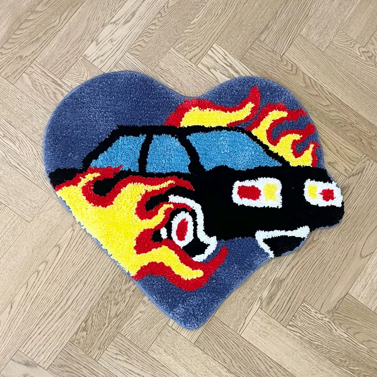 Heart Flame Car Tufted Rug Doormat Bedroom Mat Geometric Living Area Kitchen Carpet Pad Anti-Slip Rug Black White Home Room Tidy