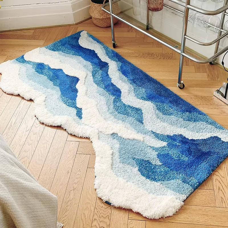 Aesthetic Tufting Ocean Rug Bedroom Decor Soft Fluffy Scenic Wave Bedside Carpet Floor Pad Mat Doormat Home Room Decor