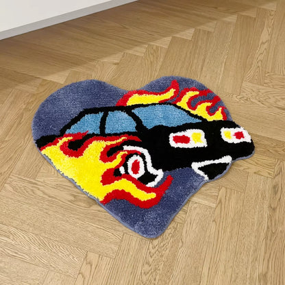 Heart Flame Car Tufted Rug Doormat Bedroom Mat Geometric Living Area Kitchen Carpet Pad Anti-Slip Rug Black White Home Room Tidy
