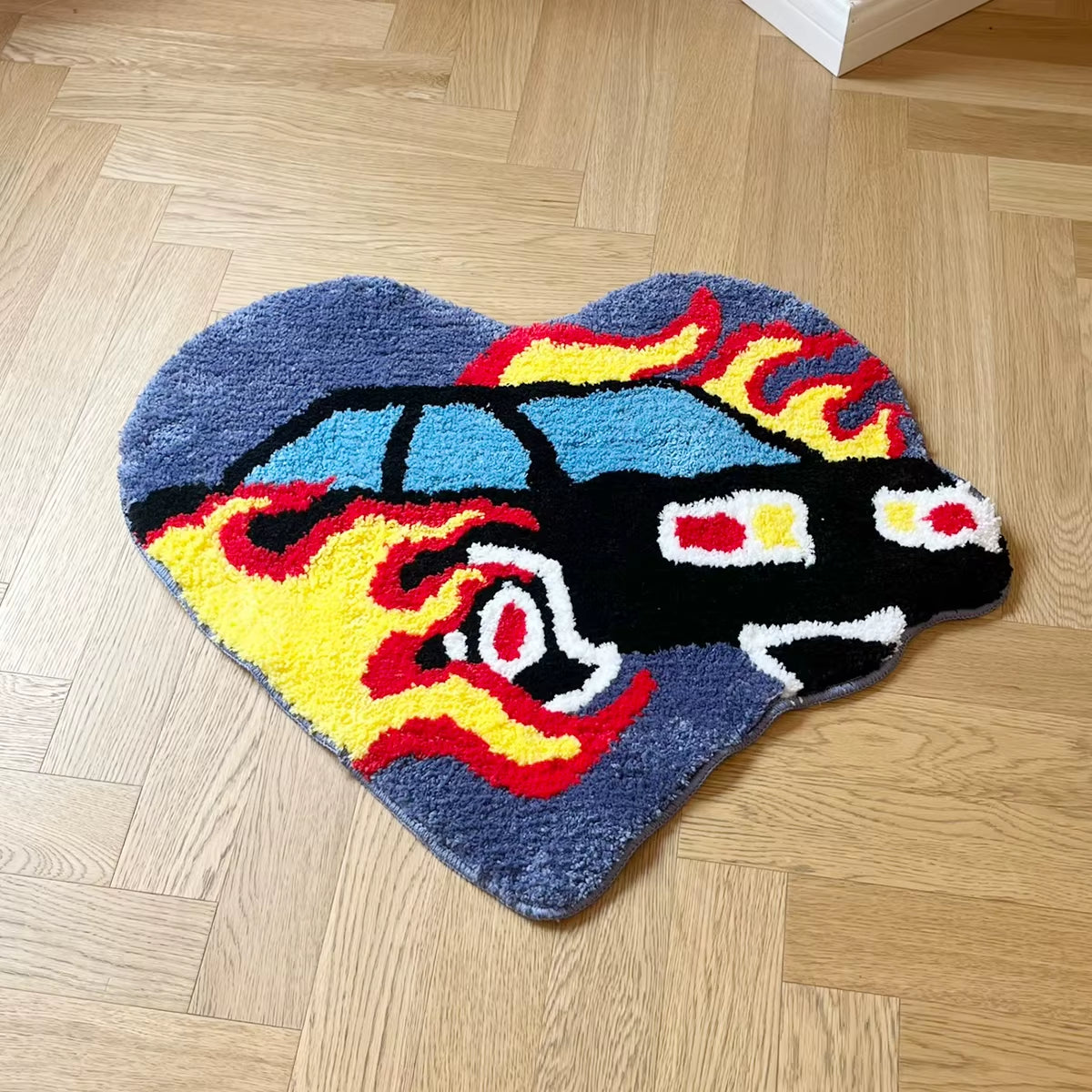 Heart Flame Car Tufted Rug Doormat Bedroom Mat Geometric Living Area Kitchen Carpet Pad Anti-Slip Rug Black White Home Room Tidy