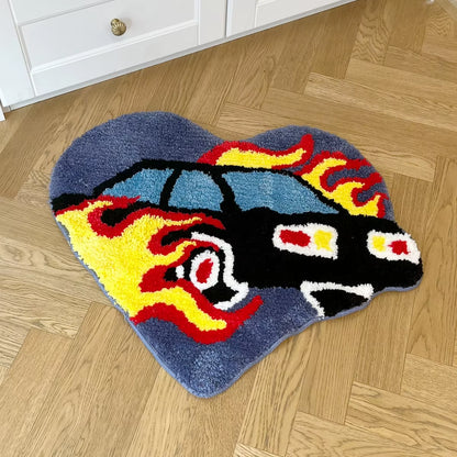 Heart Flame Car Tufted Rug Doormat Bedroom Mat Geometric Living Area Kitchen Carpet Pad Anti-Slip Rug Black White Home Room Tidy