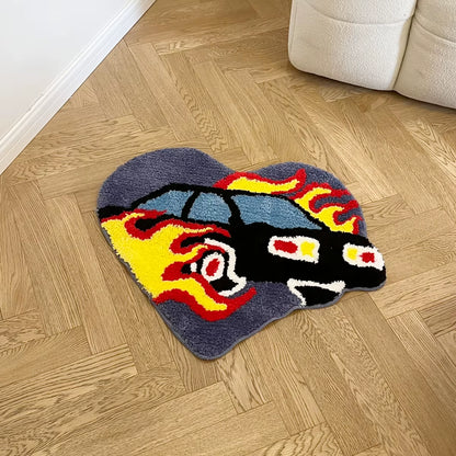 Heart Flame Car Tufted Rug Doormat Bedroom Mat Geometric Living Area Kitchen Carpet Pad Anti-Slip Rug Black White Home Room Tidy